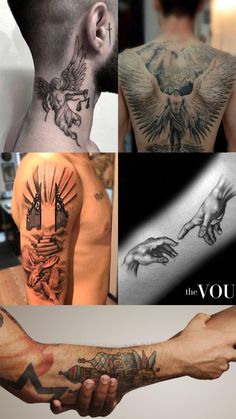 several different tattoos on the back of men's neck and arm, with one hand holding