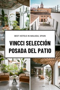 the inside of a hotel with white walls and tiled flooring, plants in potted areas