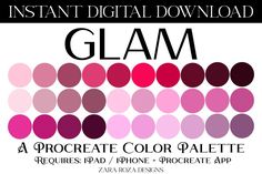 the glam color palette is shown in pink and purples, with text that reads instant