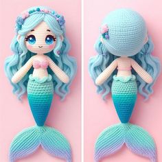 crocheted mermaid doll with blue hair on pink background