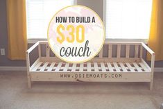 a wooden bed frame with the words how to build a $ 30 couch on it