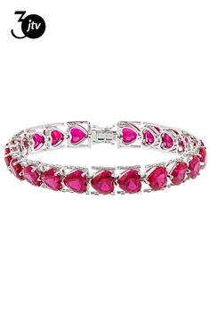 33.66ctw Heart Shape Lab Created Ruby Rhodium Over Sterling Silver Bracelet. Measures approximately .41"W. Box Clasp. Double Safety. Red Lab, Box Clasp, Sterling Silver Bracelet, Heart Shape, Sterling Silver Bracelets, Heart Shapes, Silver Bracelet, Ruby, Lab