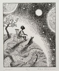 a black and white drawing of a person sitting on a chair in front of a tree