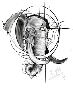 an elephant's head is drawn in black and white with abstract designs on it