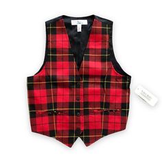 Vintage 90s Karen Scott Tartan Plaid Vest Nwt - New With Tag Deadstock Size: Small - Red, Black, And Yellow Tartan - Button Front Closure - Back Tie Detail - Black Fabric Back - 65% Polyester, 35% Rayon Measurements (Measured Flat) Pit To Pit: 18.5" Length: 22.5" Momcore Mom Layering Grunge Lumberjack Whiskey Grandpa Grandpacore Classic Plaid Vest For Fall, Fitted Plaid Vest For Winter, Retro Fitted Vest For Fall, Fitted Retro Vest For Fall, Classic Red Vest For Fall, Retro Fitted Winter Vest, Womens Black Vest, Velvet Vest, Quilted Puffer Vest