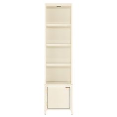 a white bookcase with an open door on the front and bottom shelf, against a white background