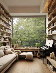 a living room filled with lots of furniture and bookshelves next to a window