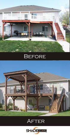 before and after photos of a house with deck, covered patio and pergolan roof