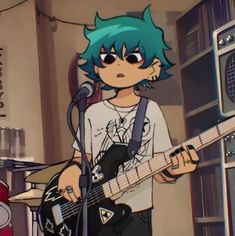 a boy with blue hair is playing the guitar