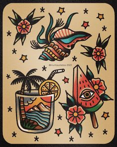 an image of some tattoos on the back of a card that is decorated with flowers and fruit