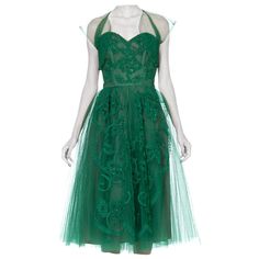 1950S Emerald Green Nylon Tulle Strapless Party Dress Appliquéd & Beaded With M | See more vintage Casual Dresses at https://www.1stdibs.com/fashion/clothing/day-dresses/<null> in 1stDibs Vintage Casual Dresses, 1950s Couture, 1950s Clothes, Black Lace Party Dress, Couture Clothes, Green Chiffon Dress, Green Knit Dress, Strapless Party Dress, Lace Halter Dress