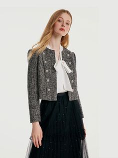 Tweed Jacket Outfit, Tweed Cropped Jacket, Womens Cropped Jacket, Chanel Style, Grey Tweed, Female Clothing, Women Jacket, Jacket Outfit, Long Sleeve Short Dress