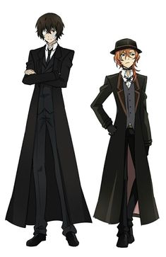 two anime characters standing next to each other wearing long black coats and hats with their arms crossed