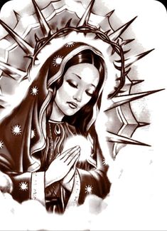 a drawing of the virgin mary with her hands folded over her chest, surrounded by stars