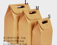 three brown bags with handles are shown on the white background and measurements for each bag