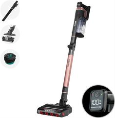 an image of a cordless stick vacuum cleaner with accessories and instructions on the side