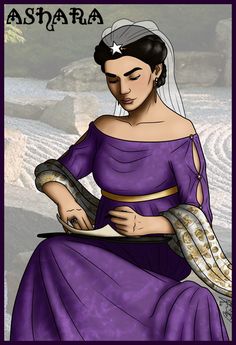 a woman in a purple dress is holding a snake on her arm and looking down at the ground