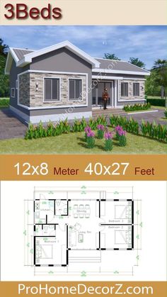 two story house plan with 3 beds and 2 bathrooms on each floor, in the middle of