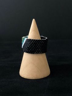 Miyuki ring black green Handmade Black Open Ring Jewelry, Minimalist Adjustable Black Rings, Minimalist Handmade Black Ring, Unique Black Ring Jewelry, Handmade Black Crystal Open Ring, Handmade Black Open Crystal Ring, Black Beaded Rings For Gift, Unique Green Jewelry With Black Beads, Handmade Black Crystal Round Ring