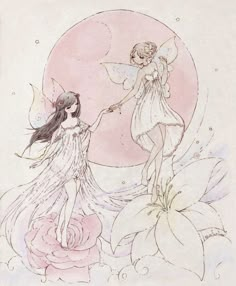 a drawing of two fairy girls holding hands