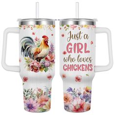 two stainless steel tumblers with floral designs and roosters on the side, one is white