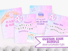 three cards with the words, selfie station and custom sign bundle on them next to some candies