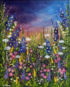 an acrylic painting of wildflowers and clouds