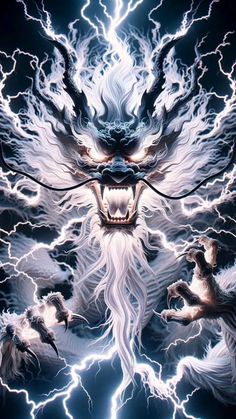 an image of a demon with lightning in the background