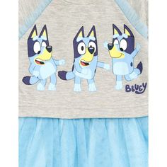 Your kid is ready to play in this adorable Bluey tutu dress! This stylish long sleeve mesh dress features a pretty tulle ballerina skirt and cool artwork of favorite characters like Bluey, her sister Bingo, and her friends Coco, Lila, and Mackenzie that your Bluey fan will love to wear! Made of a soft French Terry material that keeps your little girl comfortable, this fashionable Bluey outfit is perfect for all day fun and adventure! Cute Blue Cartoon Print Dress, Cute Blue Dress With Cartoon Print, Playful Blue Dress For Playtime, Playful Blue Dresses For Playtime, Playful Light Blue Dress For Playtime, Playful Light Blue Dress For Playdate, Playful Blue Dress For Playdate, Playful Blue Dresses For Playdate, Sister Bingo