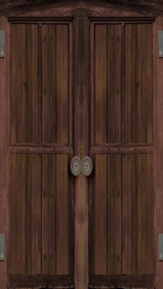 an open wooden door with two metal handles on it's sides and the top part of the doors is made out of wood