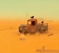 an old truck in the middle of a desert with birds sitting on top of it