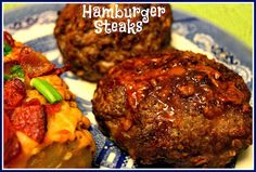 three hamburger steaks on a blue and white plate with text overlay that reads hamburger steak