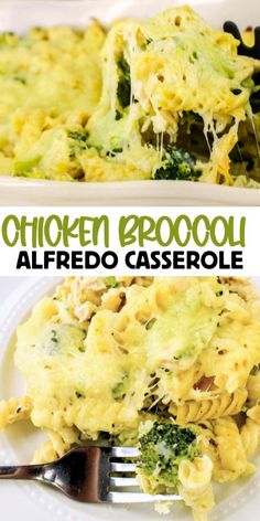 chicken broccoli alfredo casserole on a white plate with a silver fork