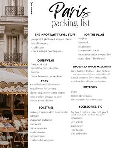 the paris packing list is displayed in front of a white building with an awning