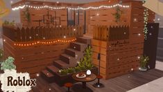 an animated rendering of a house made out of wooden pallets with lights strung from the roof