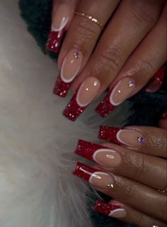 Xmas Acrylic Nails Red, Square Christmas Nails Red, Short Square Acrylic Nails French Tips Christmas, Wine Red Prom Nails, Red Basic Nails, Square Christmas Nails Short, Sparkly Red French Tips, Nails With Red Gems, Red Christmas Nails Square