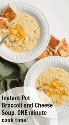 two white plates filled with broccoli and cheese soup next to some crackers