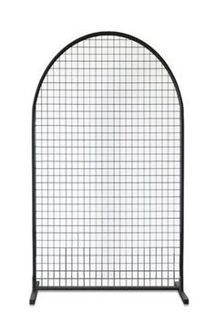 a black metal fence with grids on top and bottom, against a white background