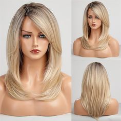 Blonde Wig Highlights, Wig Highlights, Shoulder Length Layered Hair, Highlights White, Shoulder Length Blonde, Blond Ombre, Blonde Wigs, Blonde Layers, Long Curly Wig