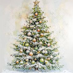 a painting of a christmas tree in the snow