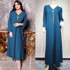 Top Seller for Moroccan Women Long Maxi Dress Kaftan Kaftan Abaya Dubai Islamic Robe Party Gown, Women's Dresses Long Sleeve Thobe For Eid Evening, Elegant Tunic Maxi Dress For Eid, V-neck Thobe For Eid Festivities, Blue Long Sleeve Abaya For Party, V-neck Gown For Eid Parties, V-neck Gown For Eid Party, Blue Long Sleeve Thobe For Party, Elegant Blue Party Thobe, V-neck Party Kaftan With Dabka Detail