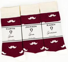 Free shipping on orders over $35 within USA. These groomsmen socks are perfect gift for your wedding party. Burgundy, wine, maroon and white mustache socks will ensure the wedding party looks and feels their best while the colors match your wedding theme. With our personalized socks labels discover the fun way to propose your best man and groomsmen in style or simply make an elegant presentation as groomsmen gift. These socks and custom labels make an excellent gift for best man, groomsmen, brid Groomsmen Burgundy, Groomsmen Proposal Ideas, Gift For Best Man, Groom Socks, Junior Groomsmen, Groomsmen Socks, Ring Security, Ways To Propose, Elegant Presentation