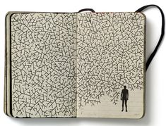 an open notebook with a drawing of a person standing in front of a tree on it