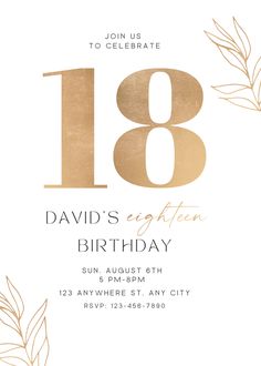 an elegant birthday party card with gold foil on it