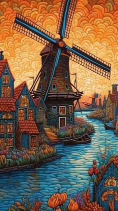 tulip Fields in Holland, windmill, art design, gemaakt van Midjourney Dutch Windmill Painting, Wind Mill Drawing, Amsterdam Windmills, Windmill Images, Netherlands Windmills, Wind Mill