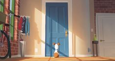 a dog is standing in front of a blue door