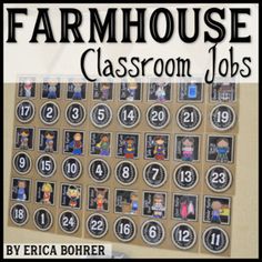 an image of a poster with the words farmhouse classroom jobs written in black and white