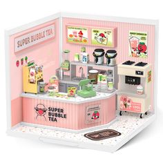 a paper model of a super bubble tea shop with pink walls and white trimmings