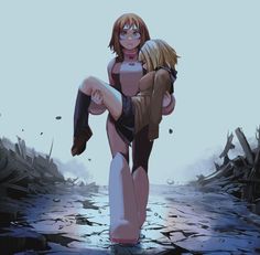 an anime character is carrying another character on her back in the middle of a cracked road