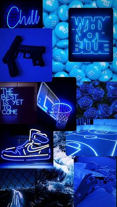 a collage of photos with neon lights and various items in the background that appear to be blue